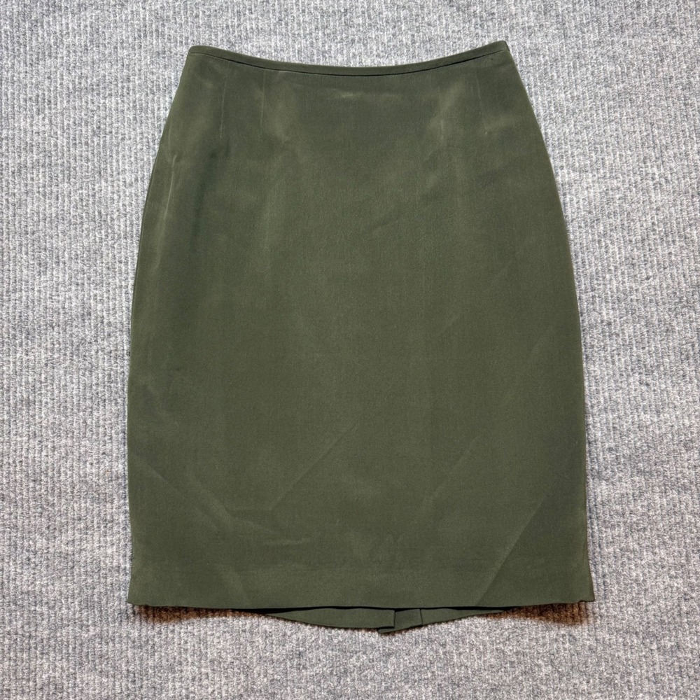 Womens 12P Olive Green 100%‎ Silk Pencil Skirt Lined Back Slit Petite Career